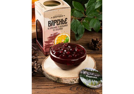 Варенье из Брусники с апельсином и пряностями баночка 300 г в коробочке с магнитиком, фото , изображение 2